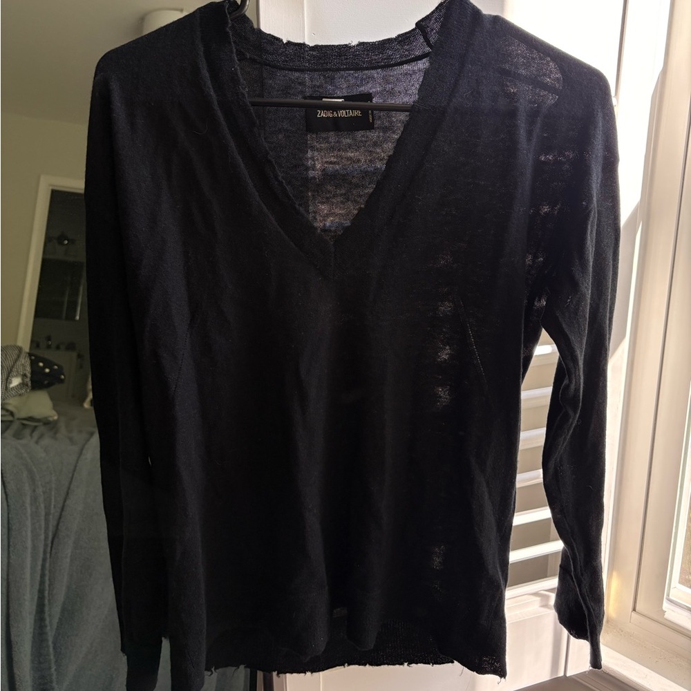 Zadig & Voltaire Sheer Black V-Neck Knit Top